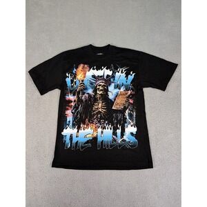 Lost In The Hills Shirt Mens Medium Black Graphic Liberty Skeleton Flame USA Tee